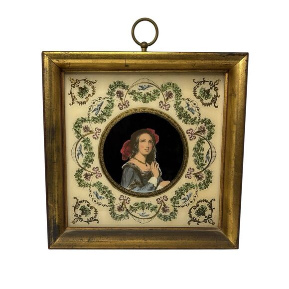 ROYAL VIENNA AMOROSA PORTRAIT PLATE IN CARVED WOOD FRAME  Fine Antique Royal Vienna Floral Hand Painted Portrait 9x9 Ornate Wood Frame